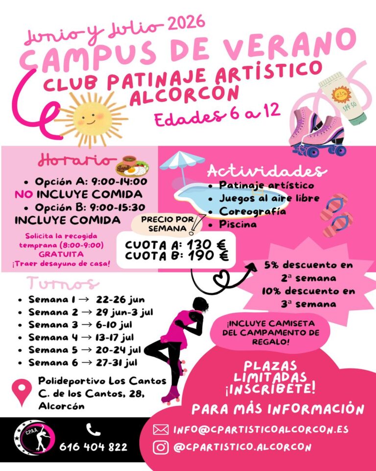 Campus de Verano 2026 del Club Patinaje Artístico Alcorcón para niños de 6 a 12 años con patinaje, juegos, coreografía y piscina.