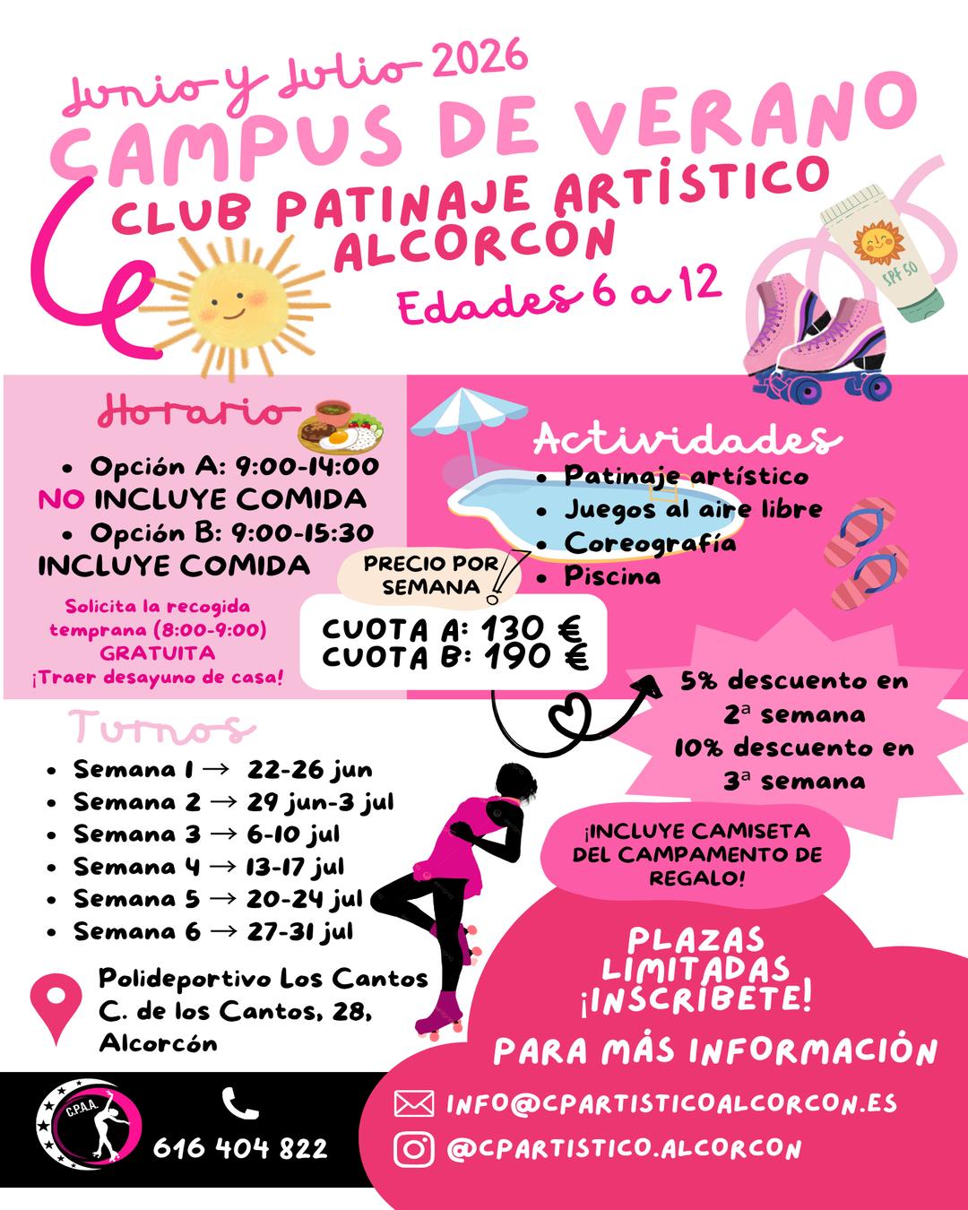 Campus de Verano 2026 del Club Patinaje Artístico Alcorcón para niños de 6 a 12 años con patinaje, juegos, coreografía y piscina.