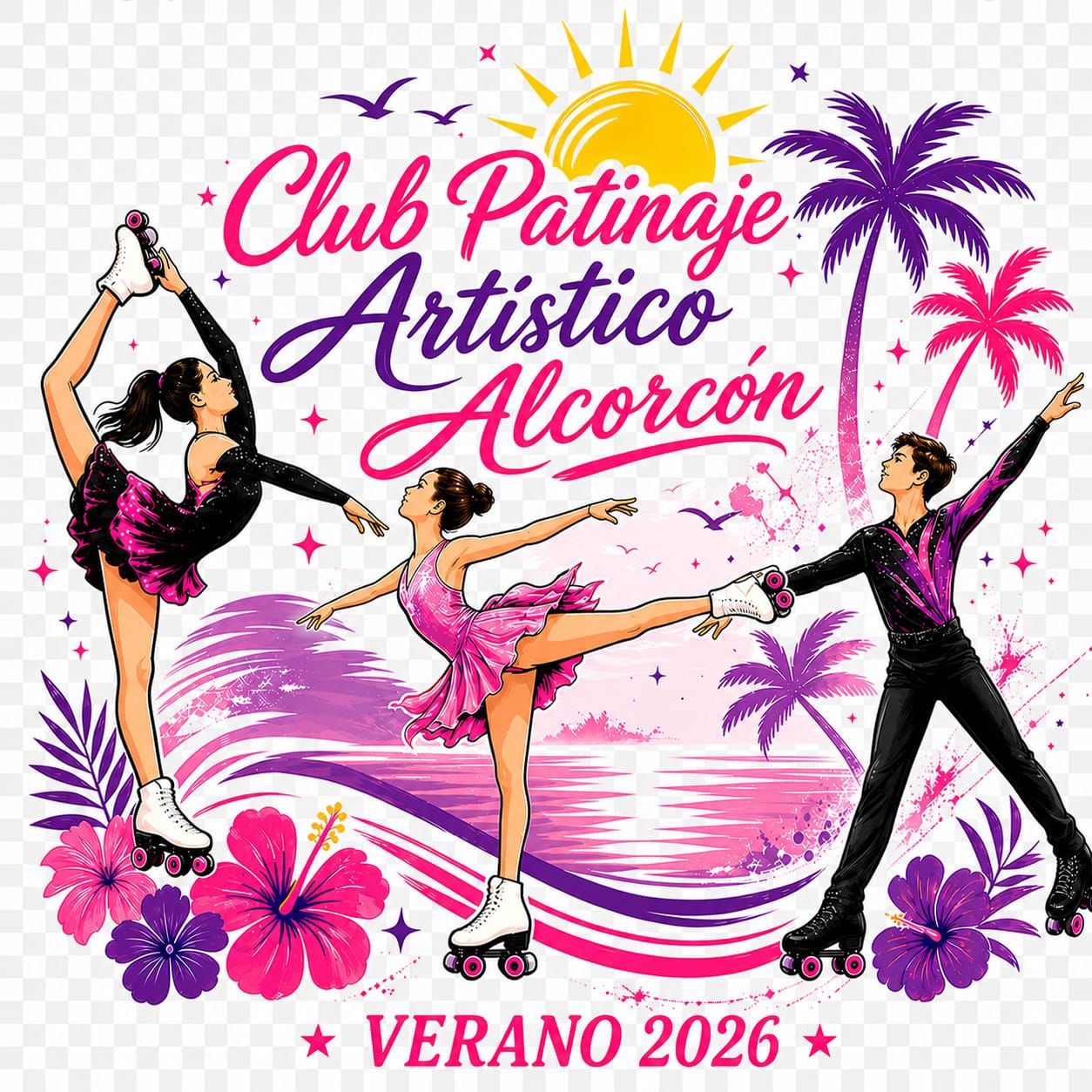 Imagen promocional del Club Patinaje Artístico Alcorcón para verano 2026, con patinadores artísticos, colores rosa y morado, palmeras y elementos veraniegos.